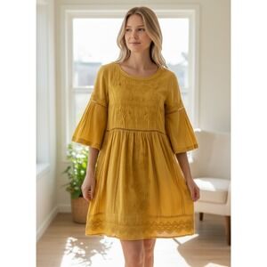 Anthropology Akemi Kin Mustard Embroidered Boho Bell Sleeve Mini Dress Small